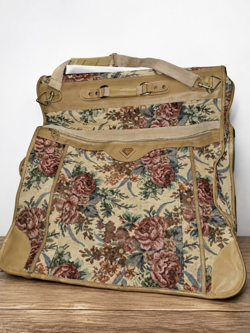 Floral Tapestry Travel Garment Bag with Tan Trim